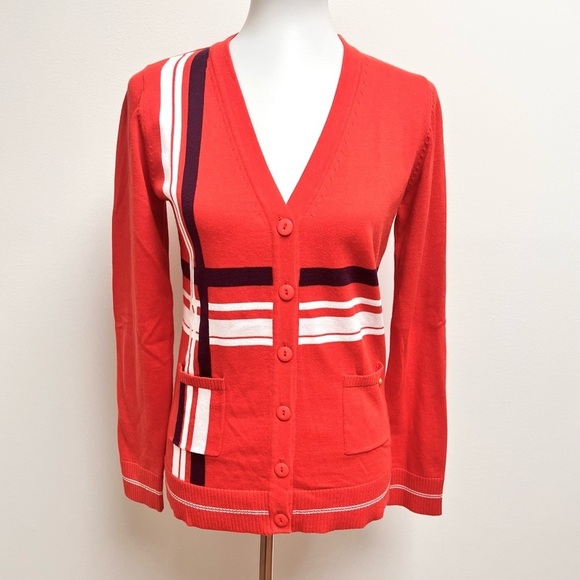 Casall Swedish Mod Striped Button Front V-neck Cardigan Sweater - Picture 1 of 8